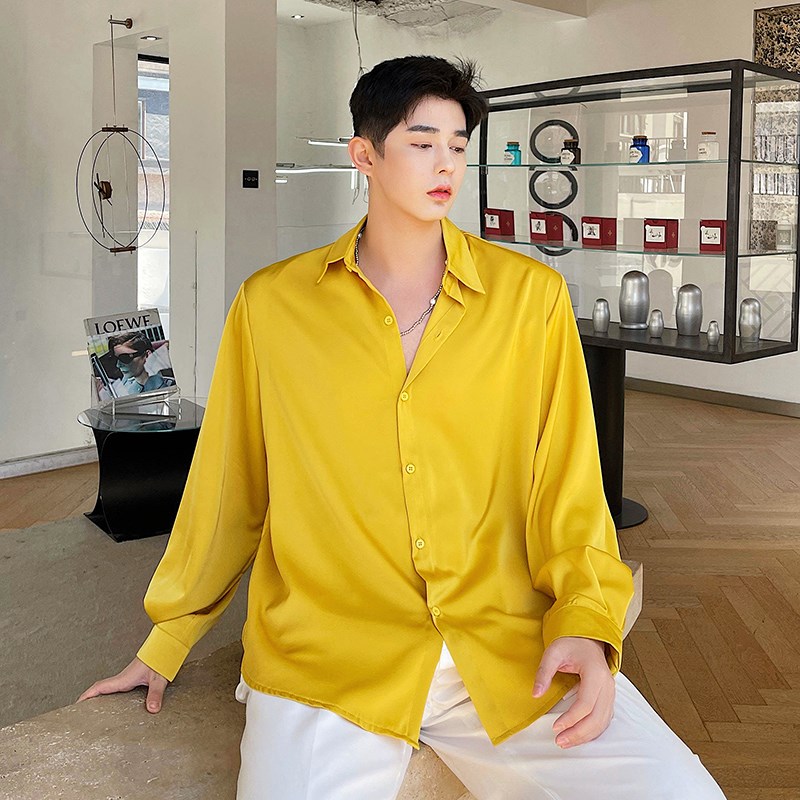 春夏季高级感缎面丝滑衬衫男长袖宽松韩版设计感垂坠感薄款衬衣潮