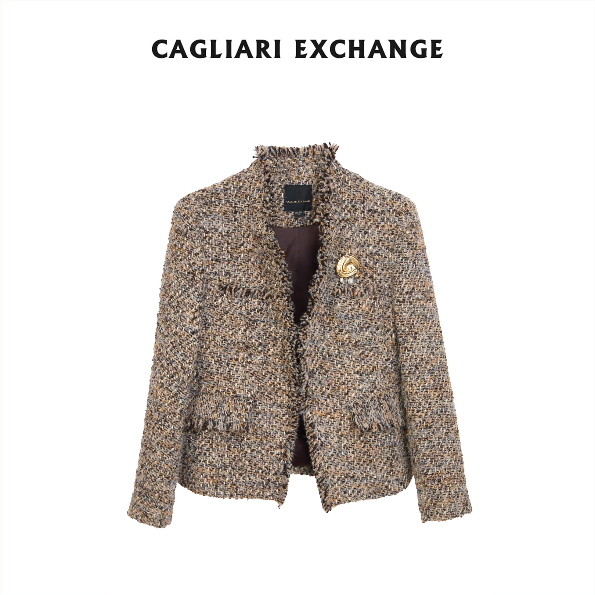 卡利亚里毛边迷棕复古鎏金胸针短外套