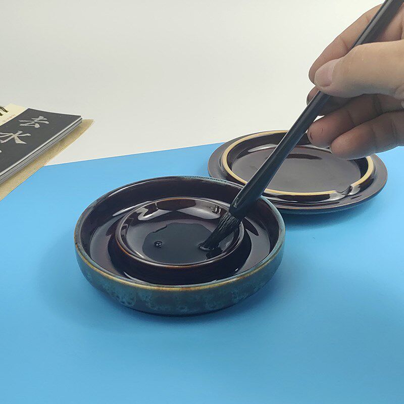 陶瓷墨池带盖不干墨火锅砚台学生书法专用大号可磨墨墨盘文房四宝