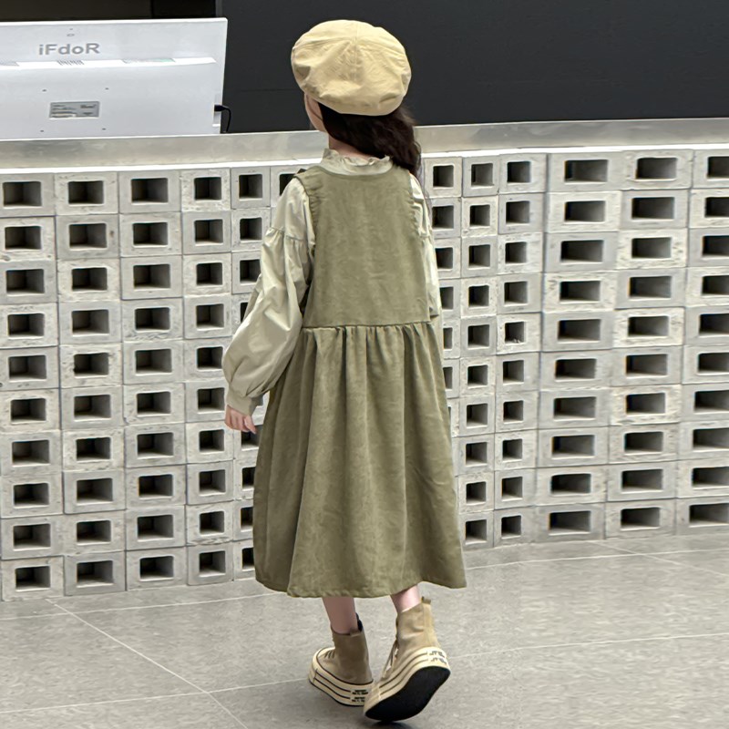 女童连衣裙春季2025新款中大童花边领衬衣长袖背带裙子两件套洋气