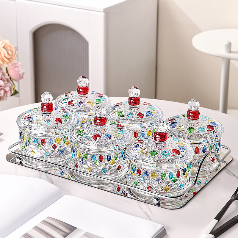 网红彩绘玻璃水果盘家用客厅茶几分格零食收纳盒干果摆放盘糖果罐
