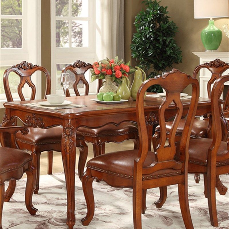 美式实木餐桌欧式餐厅成套家具饭厅餐椅组合4-6人长方形雕花饭桌