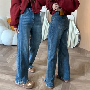 分叉阔腿牛仔裤女大码胖妹妹梨形身材遮胯高腰显瘦宽松垂感直筒裤