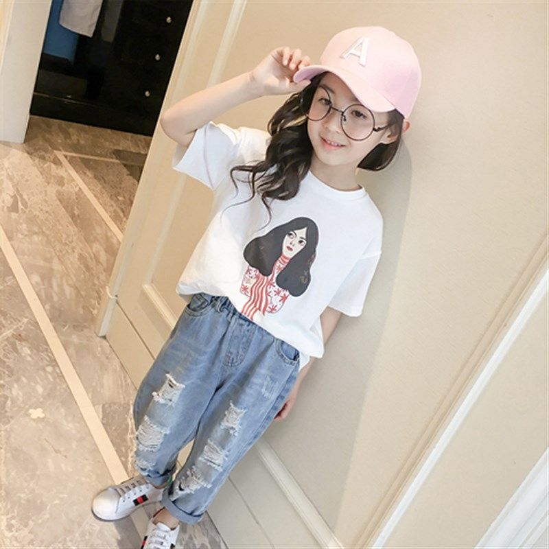 女童破洞牛仔裤2023春秋季儿童乞丐裤软牛仔宽松宝宝男童潮夏款