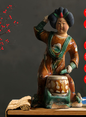 唐仕女摆件乐器俑侍女陶俑胖妞肥婆古玩收藏仿古唐三彩仕女陶瓷