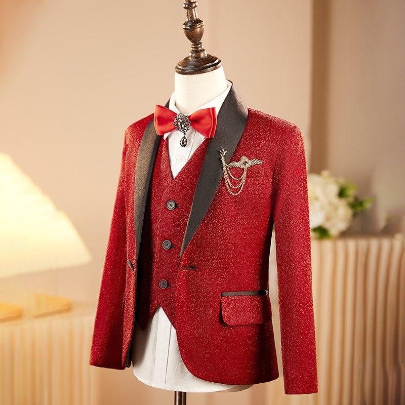 男童西装套装舞台晚会主持人儿童礼服走秀钢琴演出服红色亮片高端