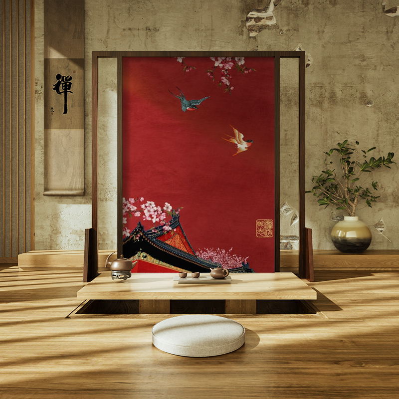 新中式实木屏风隔断客厅茶室进门玄关装饰遮挡屏障中国红移动座屏