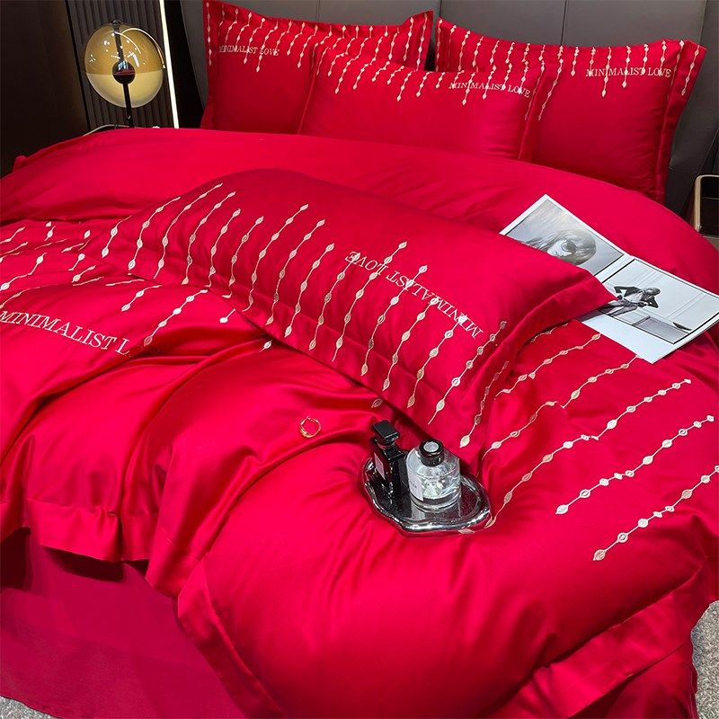 简约200支婚庆四件套大红纯棉被套结婚床上用品婚房女方陪嫁床单4