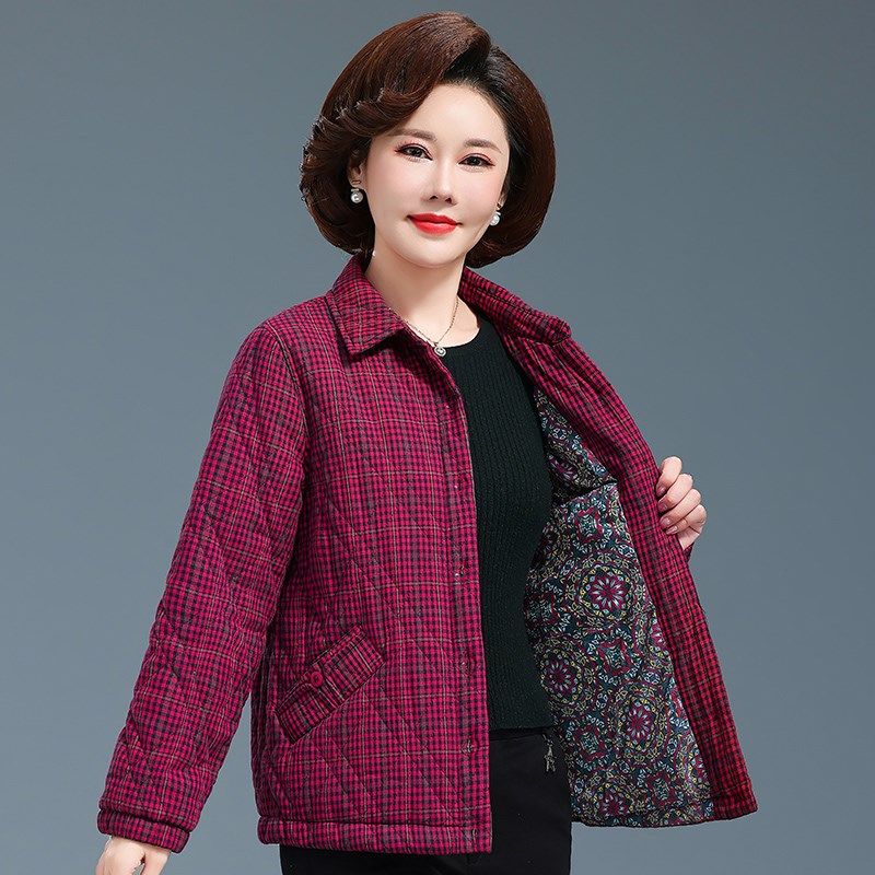 中老年女秋装夹棉衬衫外套老太太纯棉格子上衣奶奶春秋衣服妈妈装
