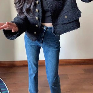 高腰窄版直筒九分牛仔裤女2024秋冬薄绒小个子显瘦八分加绒烟管裤