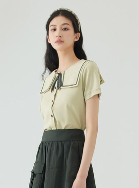 D-HARRY/迪哈利夏季新款海军领复古米色针织T恤DH232B96136D