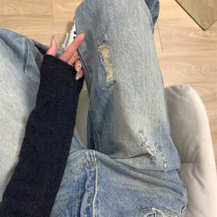 复古水洗蓝色破洞直筒牛仔裤女早春2024新款宽松显瘦高腰阔腿裤子