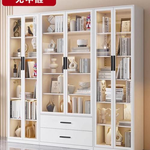 钢制书柜带玻璃门家用客厅储物柜展示柜组合落地靠墙儿童防尘书架