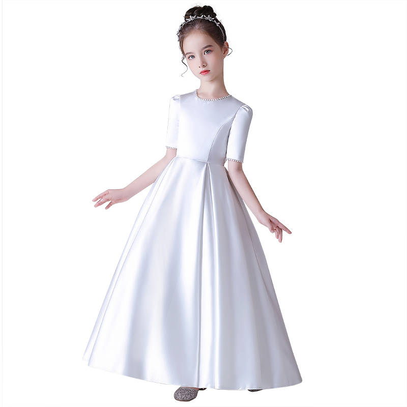 迪迪淘儿童高定礼服钢琴演奏服女童缎面晚礼服花童生日公主裙白色