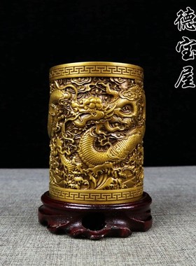 古玩铜器纯铜盘龙笔筒桌面摆件工艺品艺术品笔筒书房用品家居摆放