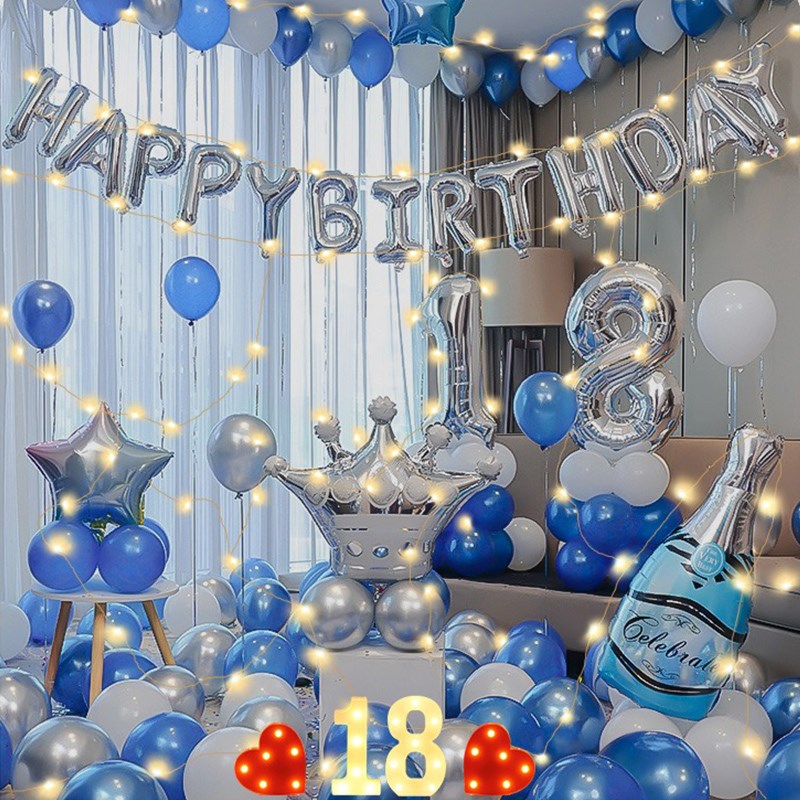 18岁生日男孩女孩场景布置家里简单氛围气球仪式感装饰蓝色背景墙