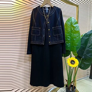 加肥大码女装圆领牛仔马甲长袖中长款连衣裙胖妹妹简约休闲两件套