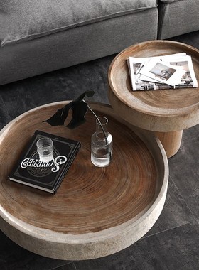 北欧民宿简约实木原木圆形沙发组合茶几角几边几树墩茶台侘寂圆桌