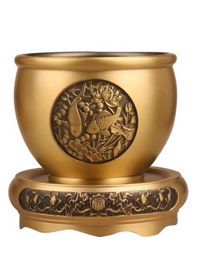 年年有余铜缸黄铜水缸客厅摆件纯铜莲花底座中式家居复古雕刻鱼缸