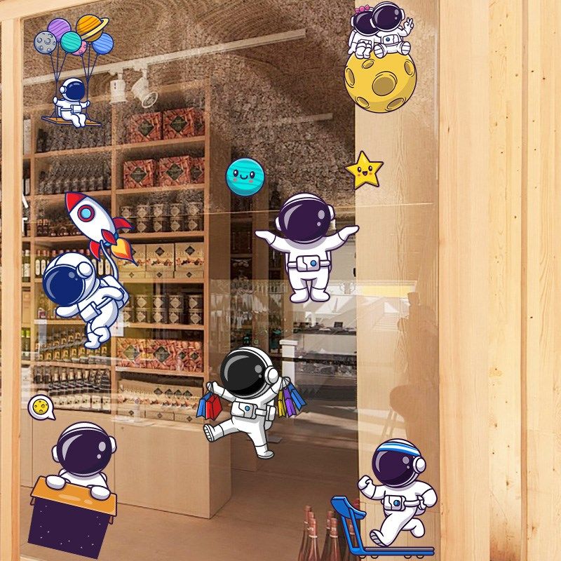 店铺餐厅阳台玻璃窗移门装饰贴纸自粘创意可爱卡通宇航员贴画墙贴,家居饰品,门贴,淘宝优惠券,粉丝福利购,淘宝优惠卷