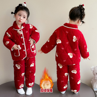 女宝宝睡衣套装秋冬款2025夹棉加绒红色家居服儿童过年外穿空调服