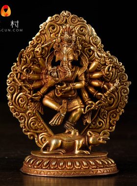 十二臂象鼻财神 佛事p用品尼泊尔手工4寸全鎏金全铜象鼻天障碍神