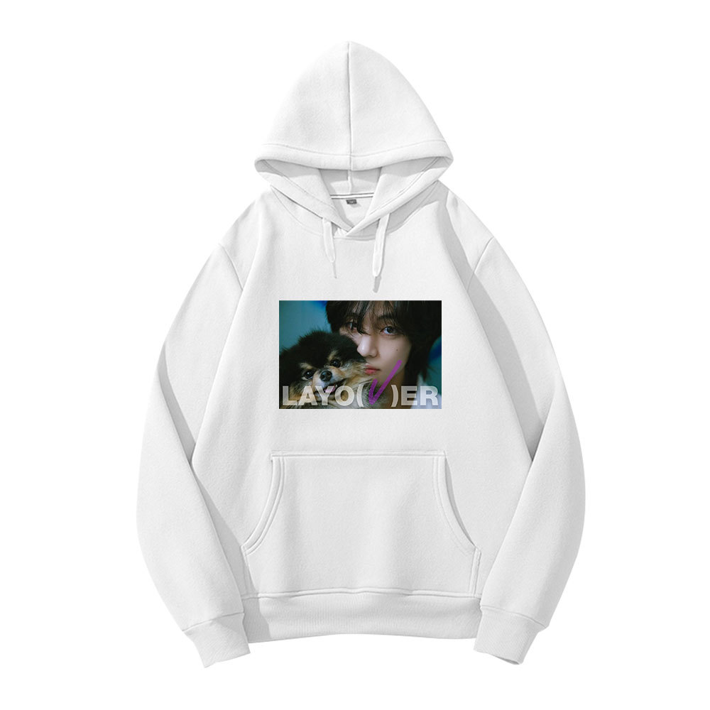 金泰亨抱小狗海报LAYO ER 宽松套头连帽衫 冬季卫衣演唱会打歌服v