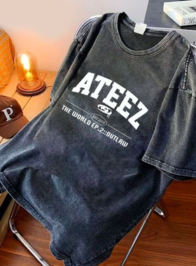aTEEZ专辑logo潮流设计感水洗T恤 欧美街头百搭复古短袖 the EP:2