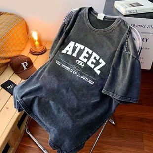 aTEEZ专辑logo潮流设计感水洗T恤 欧美街头百搭复古短袖 the EP:2