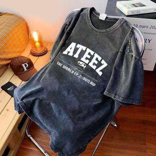 aTEEZ专辑logo潮流设计感水洗T恤 欧美街头百搭复古短袖 the EP:2