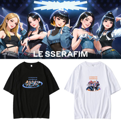 LESSERAFIM金采源许允真宫胁咲良同款短袖T恤宽松卡通印花上衣服