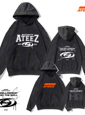 ATEEZ新专辑周边打歌服 棉质水洗做旧复古欧美潮服水洗连帽卫衣女