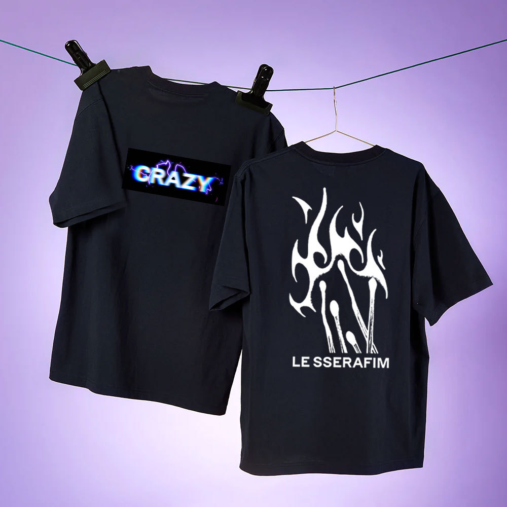 LE SSERAFIM 'CRAZY'logoT恤衫前后印花粉丝应援打底衫棉上衣