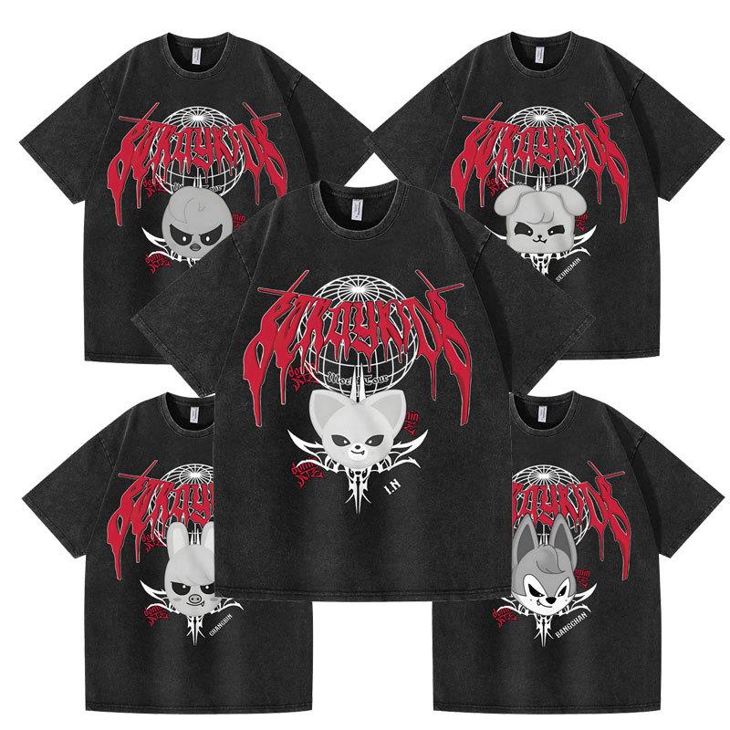 水洗做旧stray kids演唱会独立站 Skzoo 组合周边印花夏季短袖