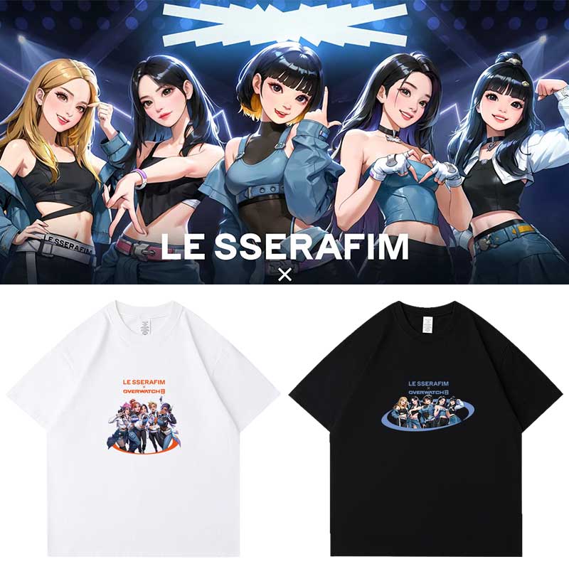 LESSERAFIM宫胁咲良金采源许允真同款短袖T恤卡通印花纯棉上衣服