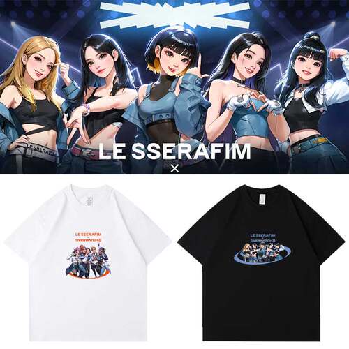 LESSERAFIM宫胁咲良金采源许允真同款短袖T恤卡通印花纯棉上衣服