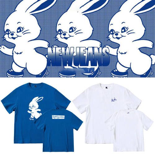 NewJeans周边同款短袖T体恤兔子印花宽松落肩五分袖纯棉打歌衣服