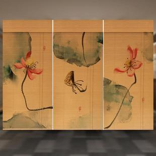 竹窗帘卷帘禅意荷花印花图案竹帘隔断茶室背景竹卷帘竹帘子 中式