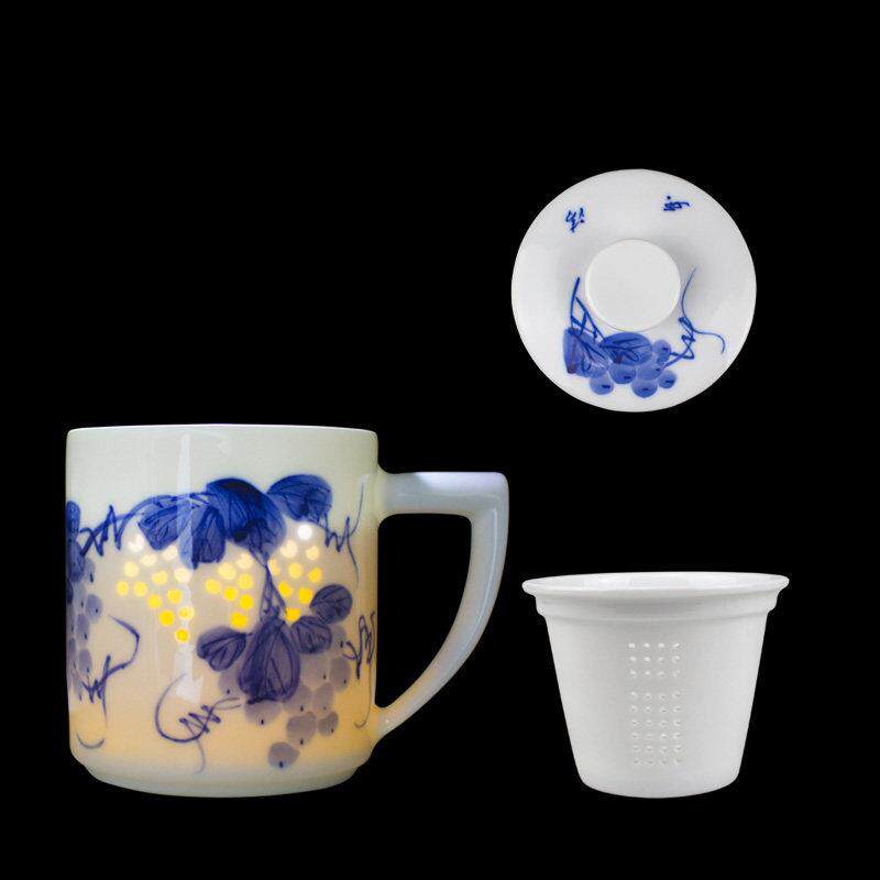 景德镇陶瓷茶杯手绘玲珑茶具釉下彩办公杯茶水分离过滤杯子大容量