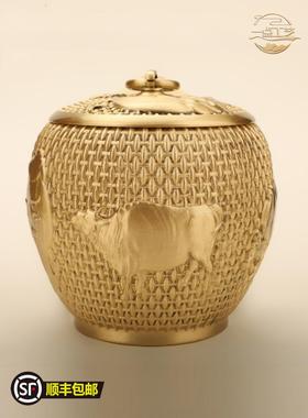 黄铜五牛茶叶罐纯铜工艺品茶具茶道铜器家居客厅博古架装饰礼品