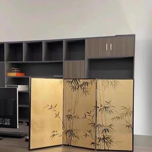 新中式漆画手绘竹子金箔屏风四扇现代简约客厅折屏隔断新中式茶室