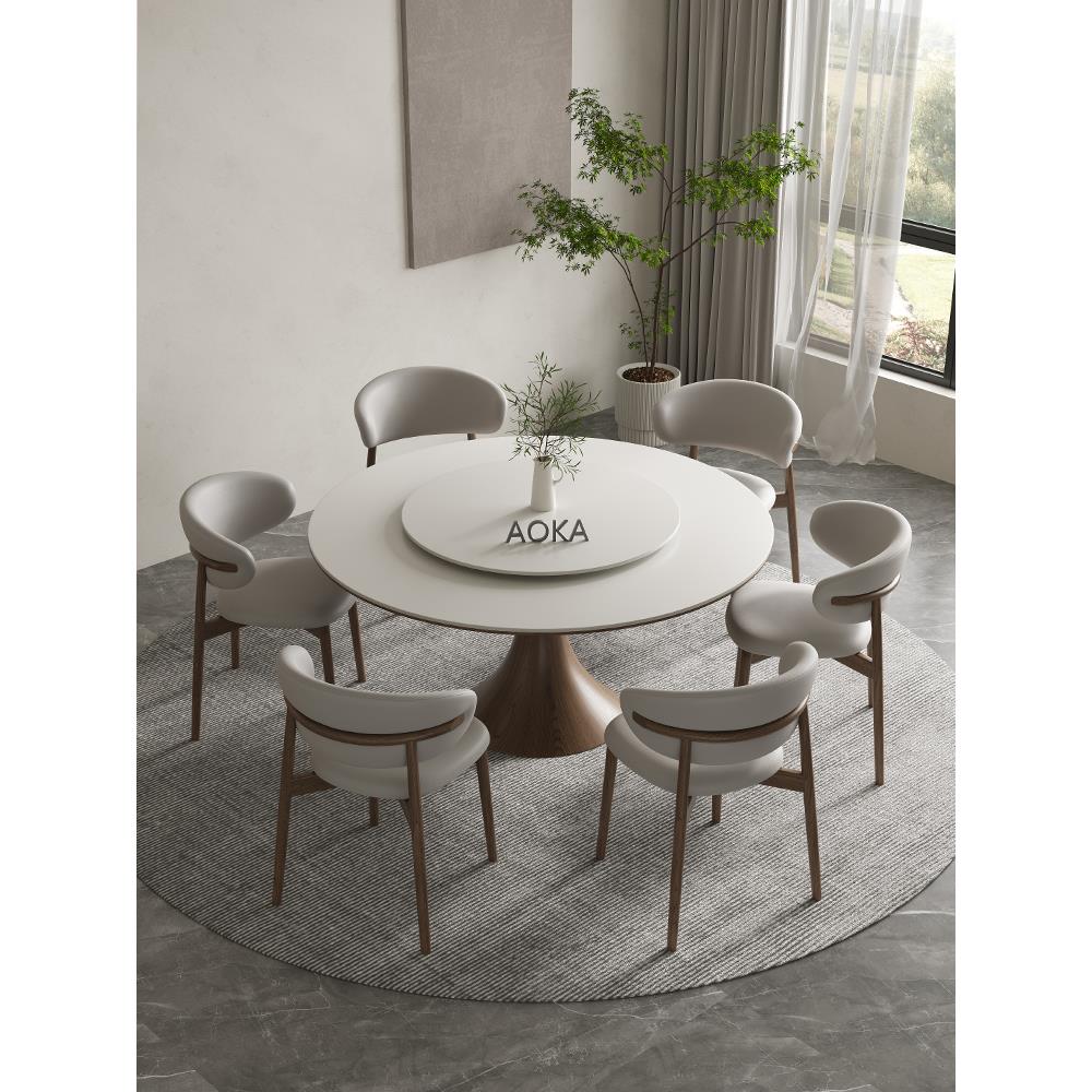 实木岩板餐桌圆桌家用小户型餐厅圆形饭桌带转盘胡桃木餐桌椅组合