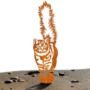 蓬松尾巴 饰地插金属猫咪摆件 波斯猫剪影宠物猫雕塑覆古花园装
