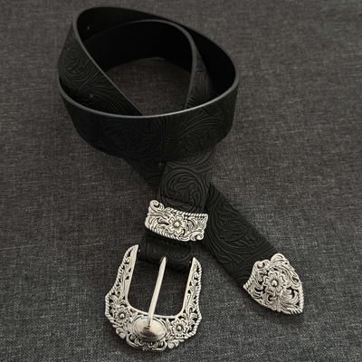SoulMates中古黑色雕花西部腰带vintage男女同款皮带质感穿搭配饰