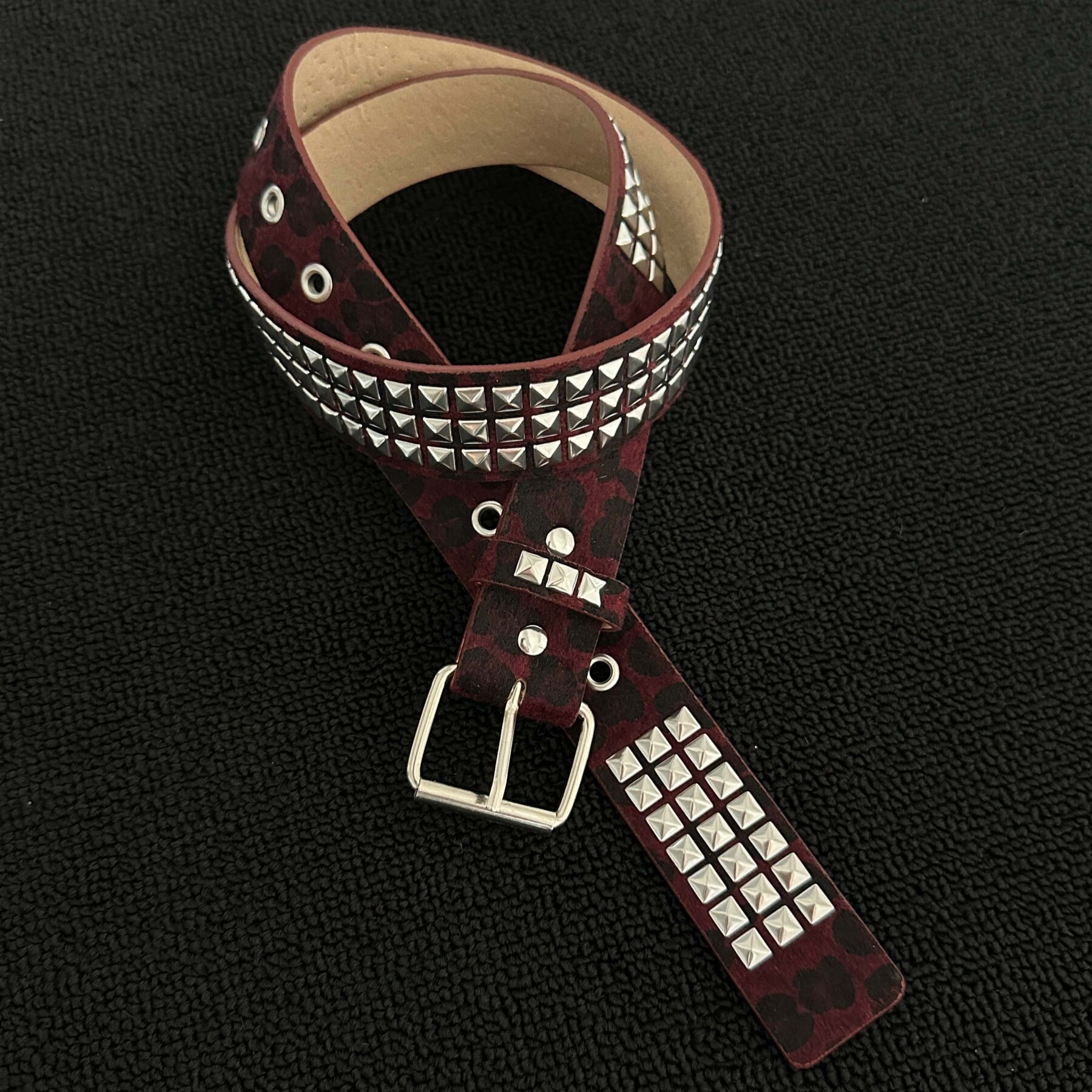 SoulMates酒红豹纹金属三排铆钉腰带中古vintage小众质感男女皮带