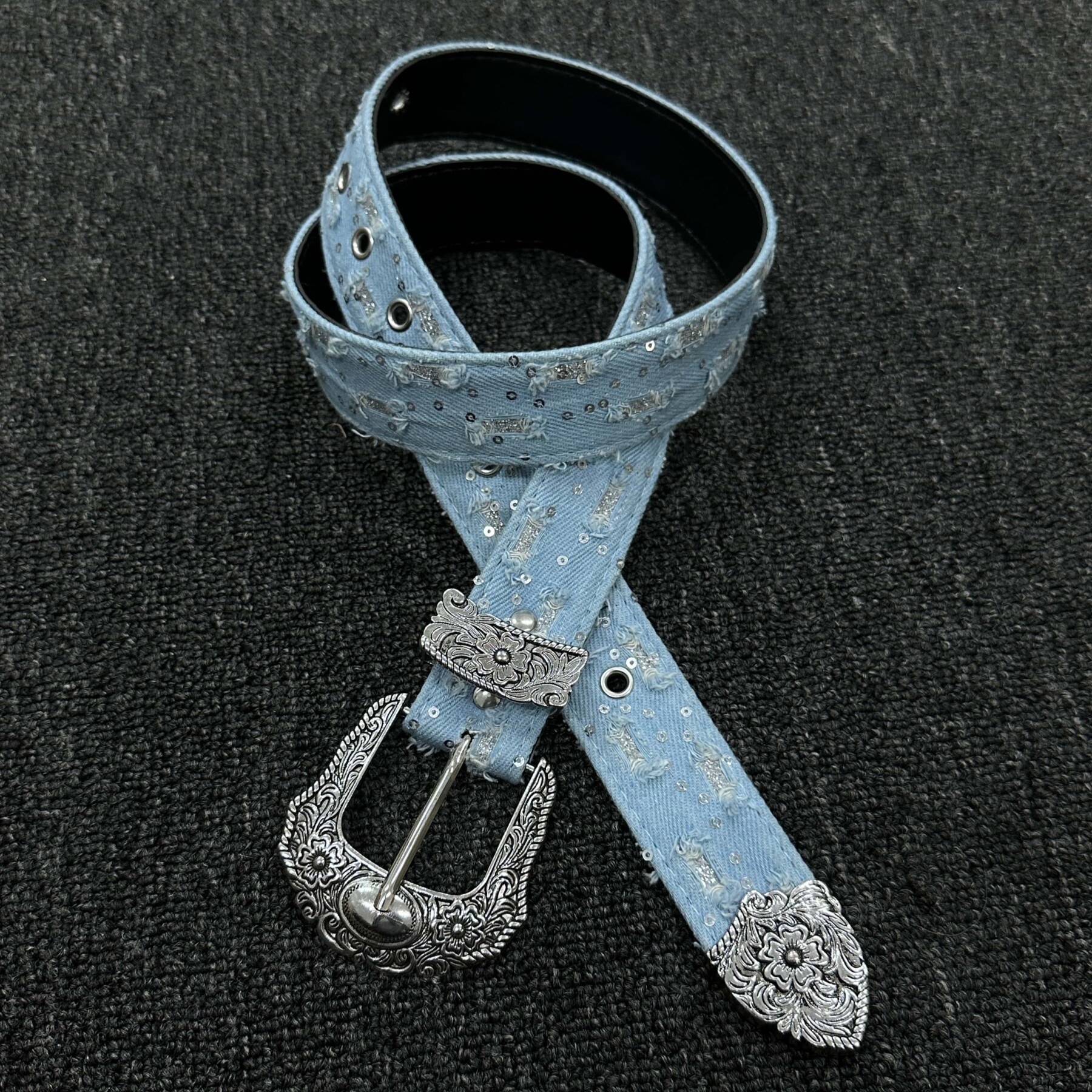 Soul Mates西部金属雕花腰带破坏牛仔天蓝色小众设计感男女款皮带