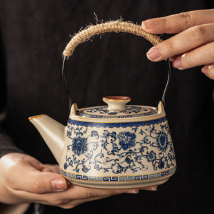 青花米黄汝窑提梁茶壶高档家用单个D泡茶器复古满花珐琅彩功夫茶