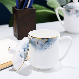 家用骨瓷水杯办公室泡茶杯子会议C杯带盖大容量杯子陶瓷盖杯礼盒