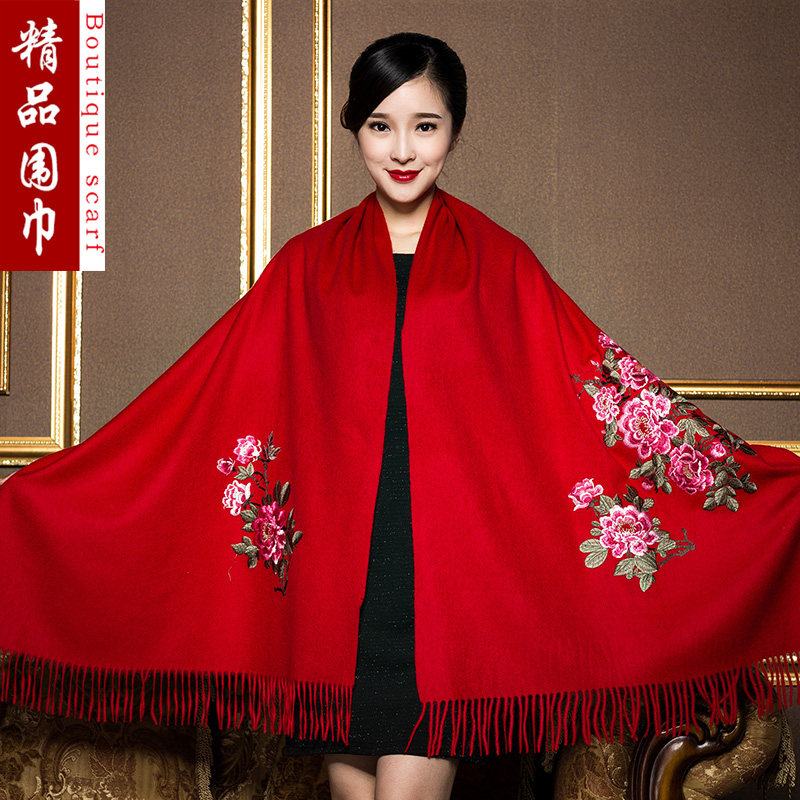 秋冬季保暖羊绒围巾女民族风刺绣加厚大红色羊毛围巾百搭披肩冬天