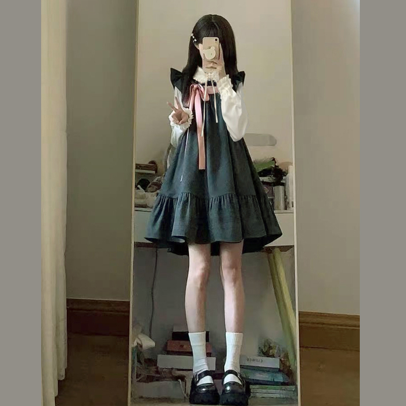 学院风小个子减龄一整套穿搭叠穿背心裙两件套装格纹背带连衣裙女